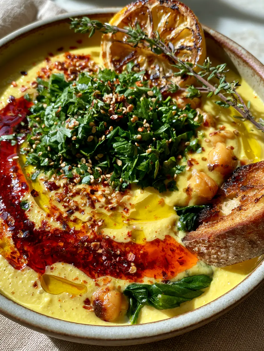 Garbanzo Bean Soup with Lemon-Tahini Broth and Chili Oil 4 Extreme overhead close-up of garbanzo bean soup showing the creamy yellow texture and chili oil swirls.