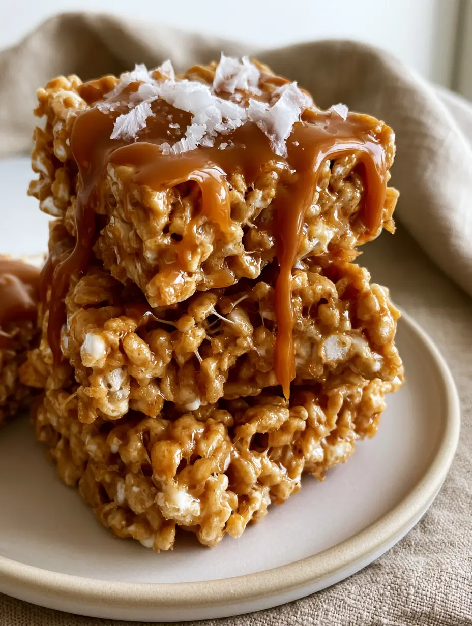 Salted Caramel Rice Krispie Treats with Brown Butter and Sea Salt 3 Close-up of toasted golden cereal and melted marshmallow webs in Salted Caramel Rice Krispie Treats.