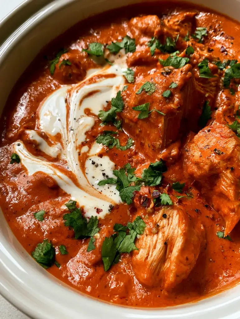 Extreme close-up of butter chicken sauce with cracked black pepper and red chili flakes.