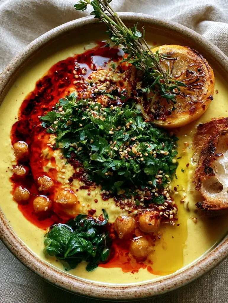 Garbanzo Bean Soup with Lemon-Tahini Broth and Chili Oil 1 Rustic bowl of garbanzo bean soup with wilted spinach, sesame seeds, and a sprig of fresh thyme.