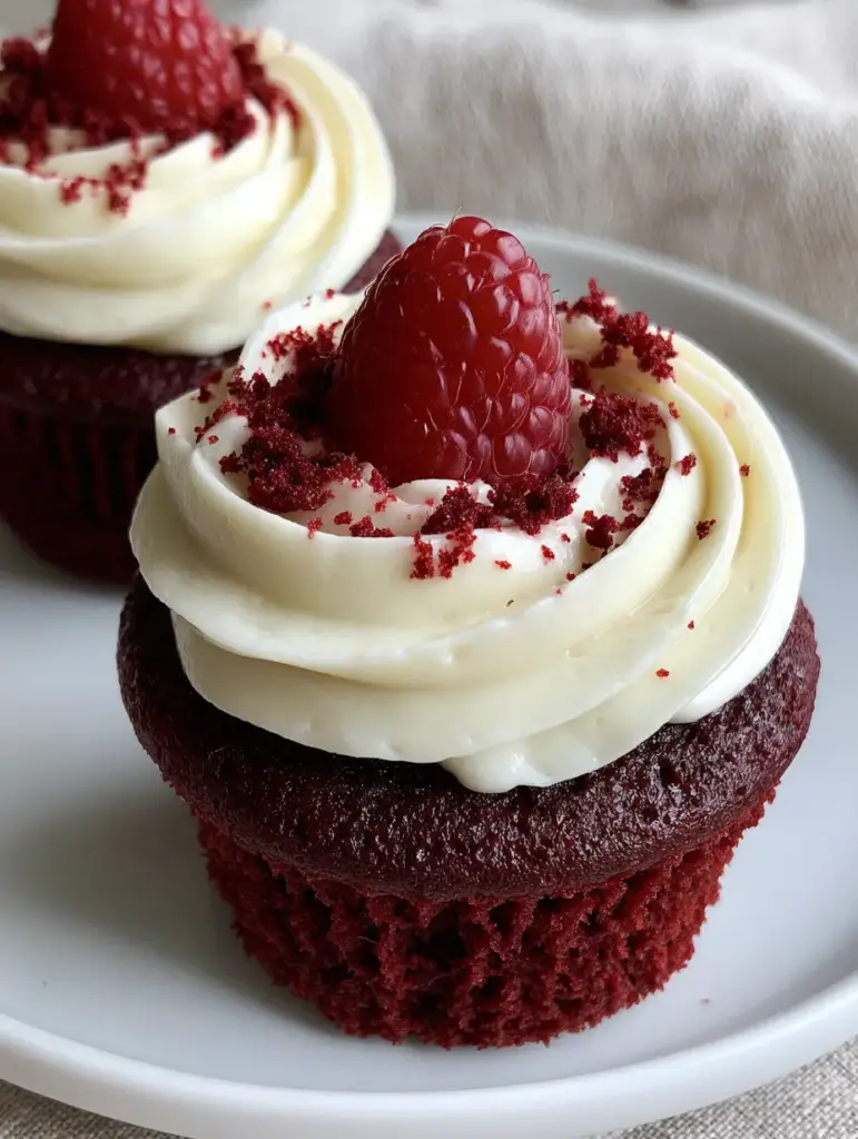 Two gourmet red velvet cupcakes garnished with fine crumbs and glossy red raspberries on a neutral linen background.
