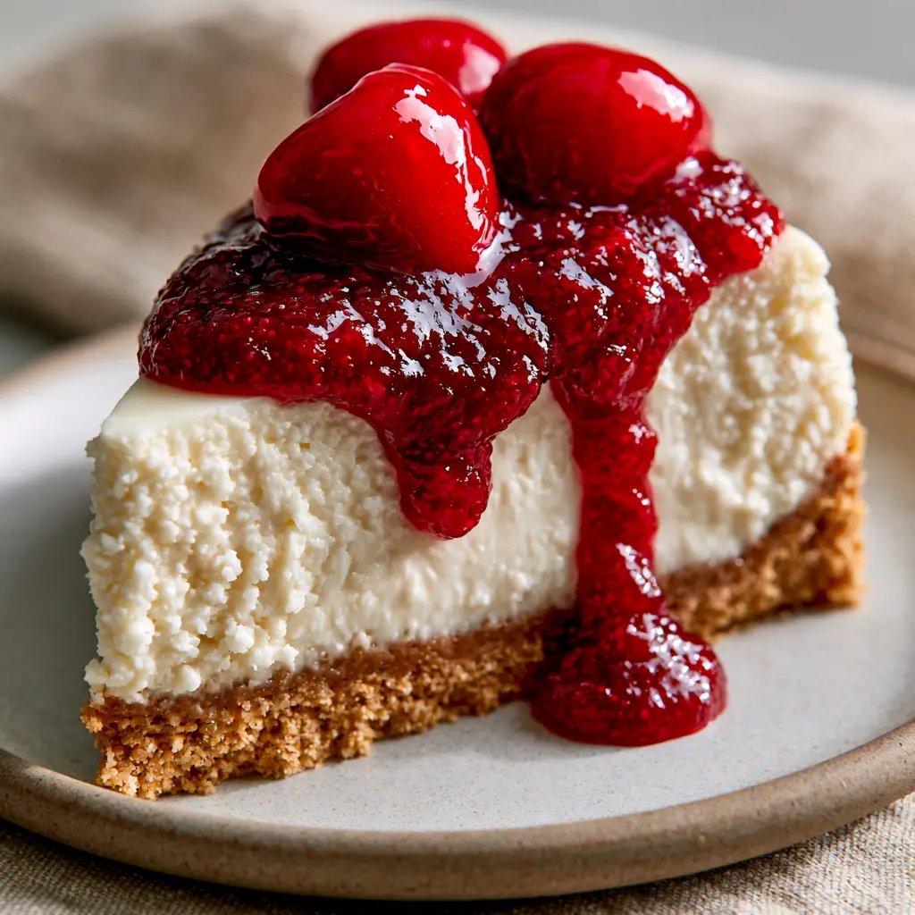 A side view of a cheesecake slice highlighting the glossy strawberry compote dripping down the side of the Cheesecake Factory cheesecake.