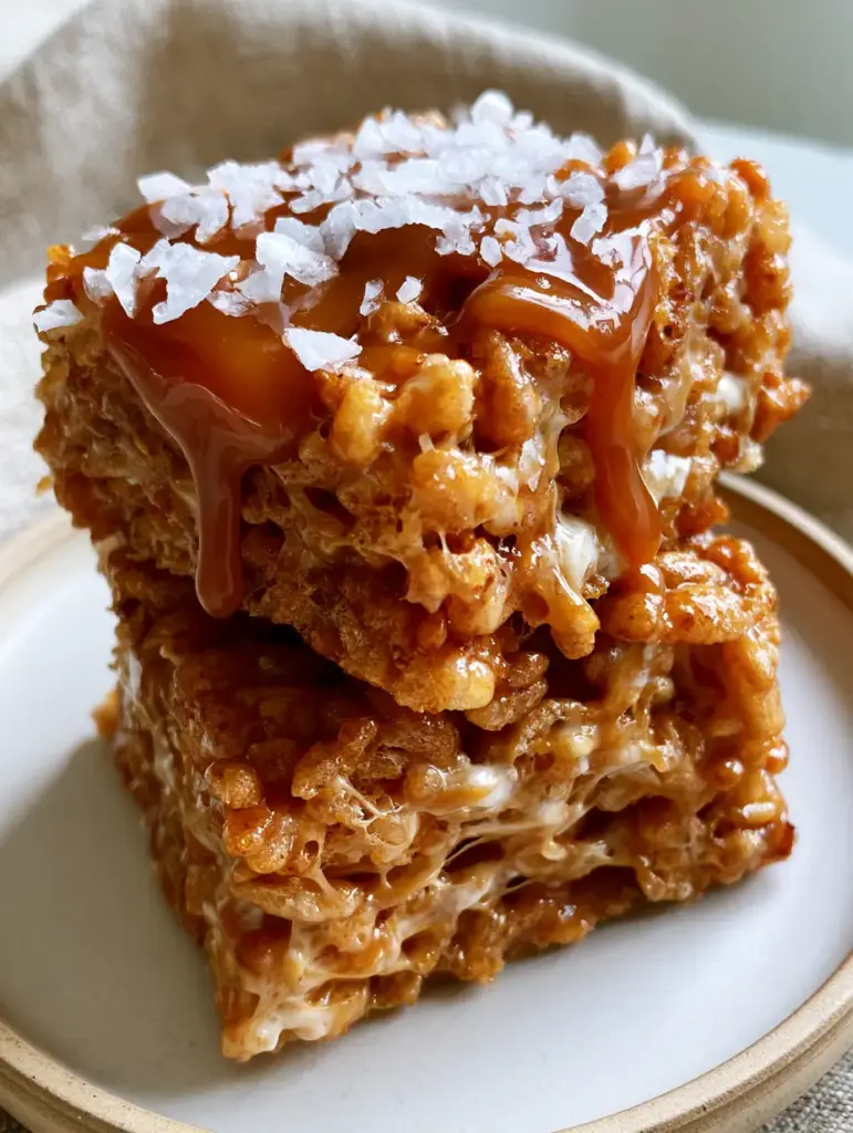 Salted Caramel Rice Krispie Treats with Brown Butter and Sea Salt 1 A high-angle shot of brown butter Rice Krispie treats drizzled with salted caramel on a ceramic plate.
