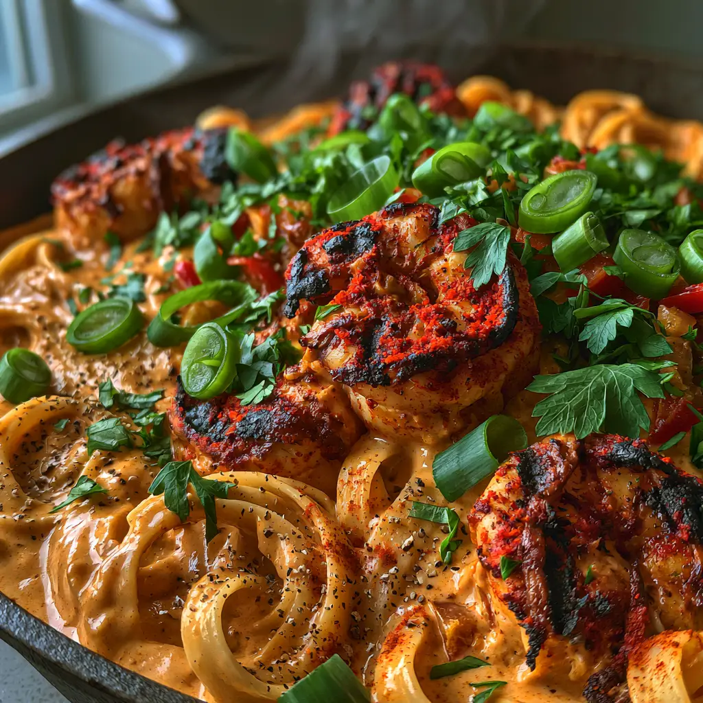 Overhead view of blackened jumbo shrimp with charred edges resting on thick creamy pasta.