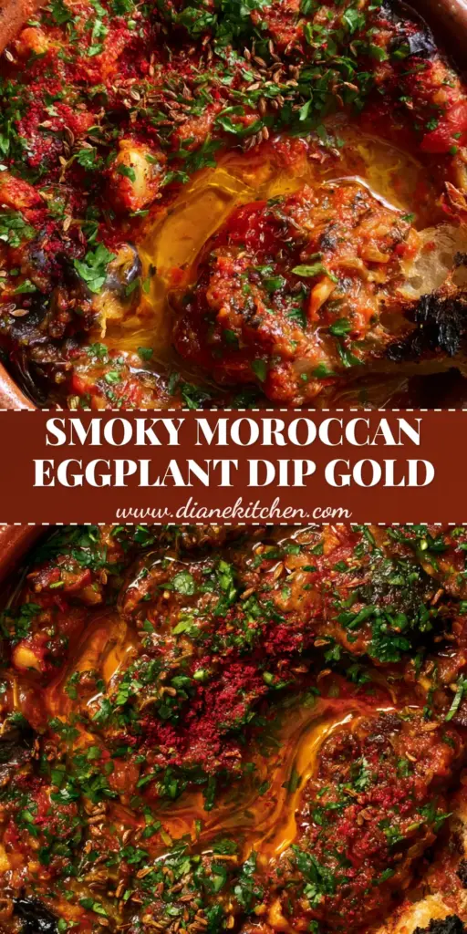 Zaalouk Recipe: The Ultimate Smoky Moroccan Eggplant Dip 3 A rustic terracotta bowl of smoky Zaalouk recipe with charred eggplant bits, fresh parsley, toasted cumin seeds, and a wedge of sourdough bread.