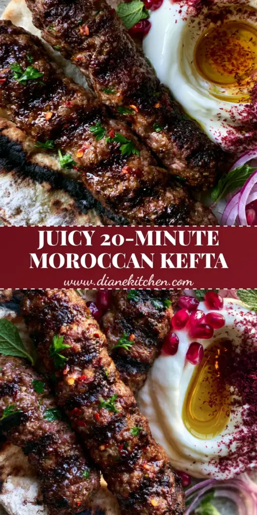 Moroccan Kefta Kebab: The Ultimate Juicy Grilled Skewers 3 A Pinterest-style vertical shot of charred Moroccan Kefta Kebab skewers served on pita with pomegranate seeds and mint.