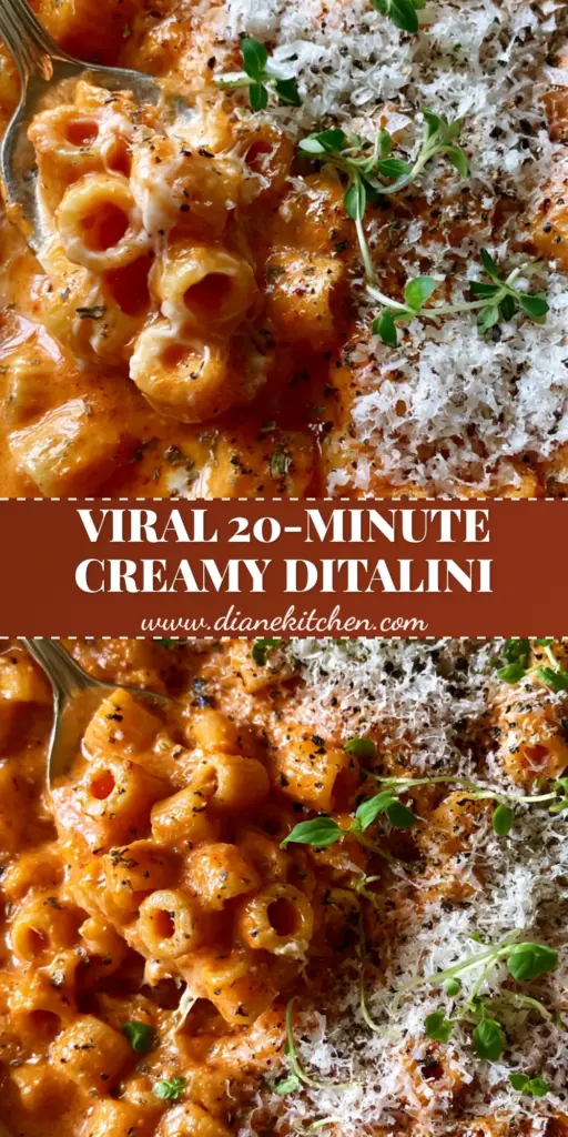 A close-up vertical shot of Ditalini Pasta Recipe in a ceramic bowl with thick tomato cream sauce, parmesan snow, and micro-basil. (Ditalini Pasta Recipe)