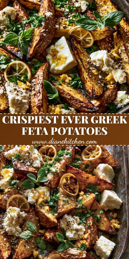 A rustic dark metal baking sheet crowded with thick-cut Greek feta roast potatoes featuring charred lemon and fresh oregano.