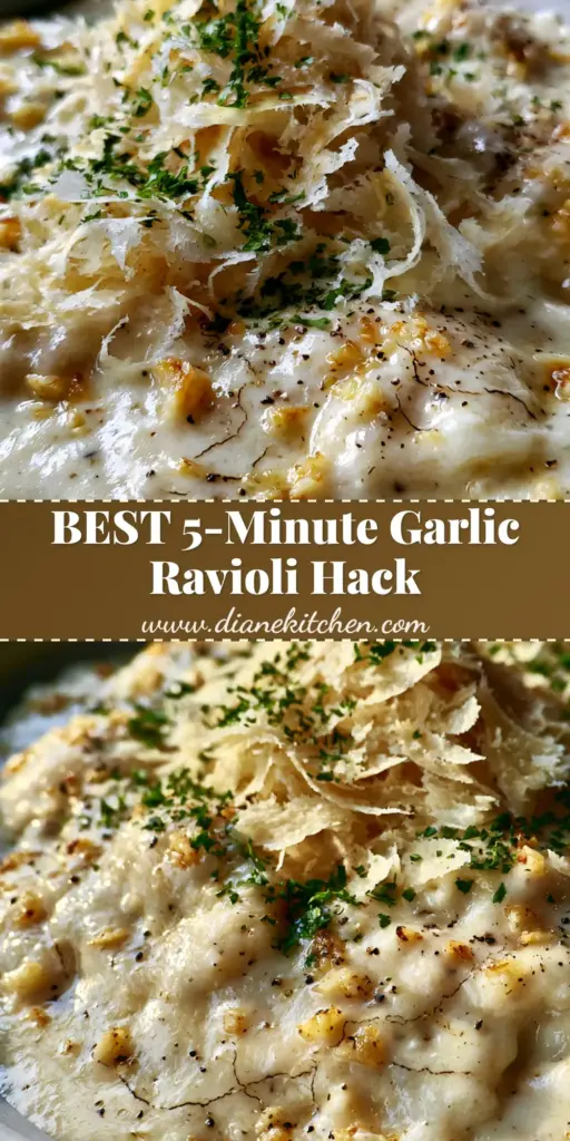 Ravioli Sauce: The Ultimate 10-Minute Garlic Parmesan Cream Recipe 4 A vertical shot of pillowy cheese ravioli drenched in a thick garlic cream ravioli sauce with parmesan shards and parsley.