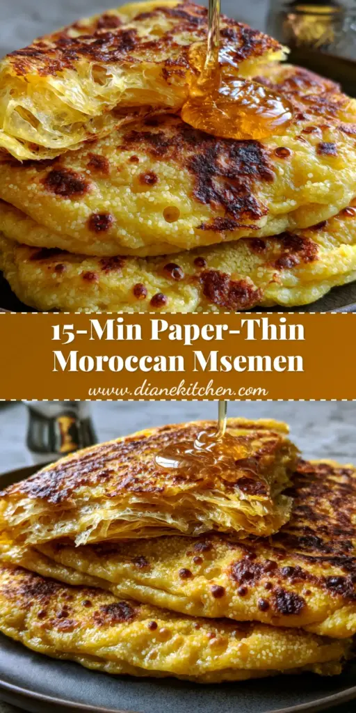 A tall stack of three golden Moroccan Msemen flatbreads drizzled with amber honey on a dark plate. (Moroccan Msemen recipe)