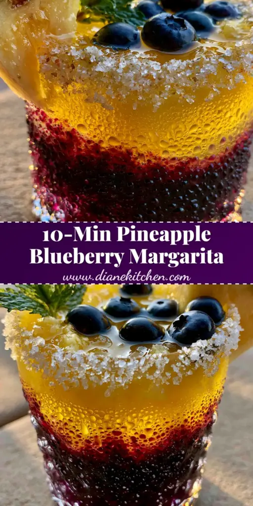 A tall layered Pineapple Blueberry Margarita with a deep-indigo base and yellow top, garnished with mint and pineapple on a stone table.
