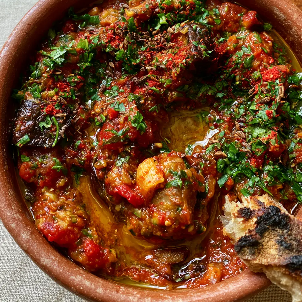 Zaalouk Recipe: The Ultimate Smoky Moroccan Eggplant Dip 2 Extreme close-up of Zaalouk recipe showing the glistening olive oil and charred eggplant texture.