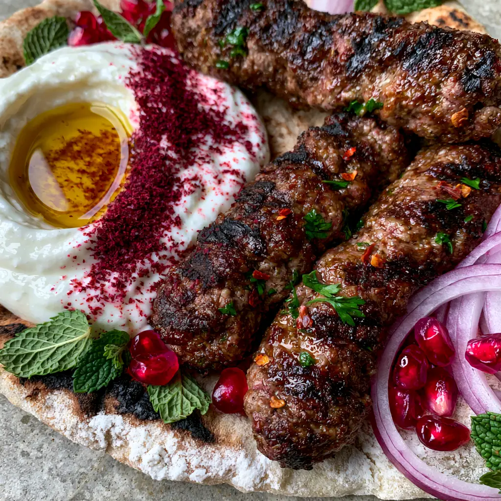 Moroccan Kefta Kebab: The Ultimate Juicy Grilled Skewers 2 Top-down view of three hand-shaped Moroccan Kefta Kebab skewers with deep grill marks on charred pita bread.