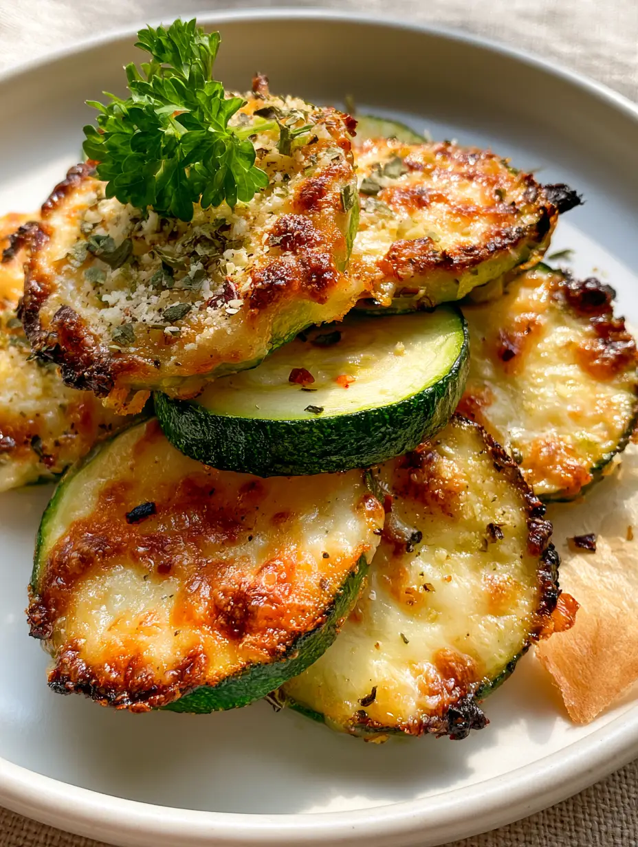 Extreme macro close-up of Baked Zucchini and Cheese showing the bubbly, toasted parmesan edges and Italian herb specks.