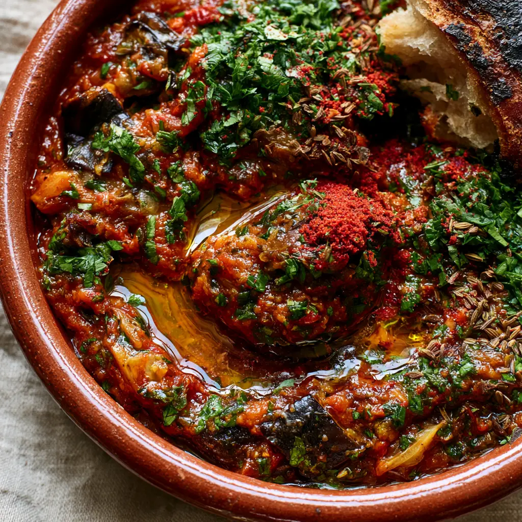 Zaalouk Recipe: The Ultimate Smoky Moroccan Eggplant Dip 1 High-angle shot of Moroccan Zaalouk recipe garnished with smoked paprika and toasted whole cumin seeds.