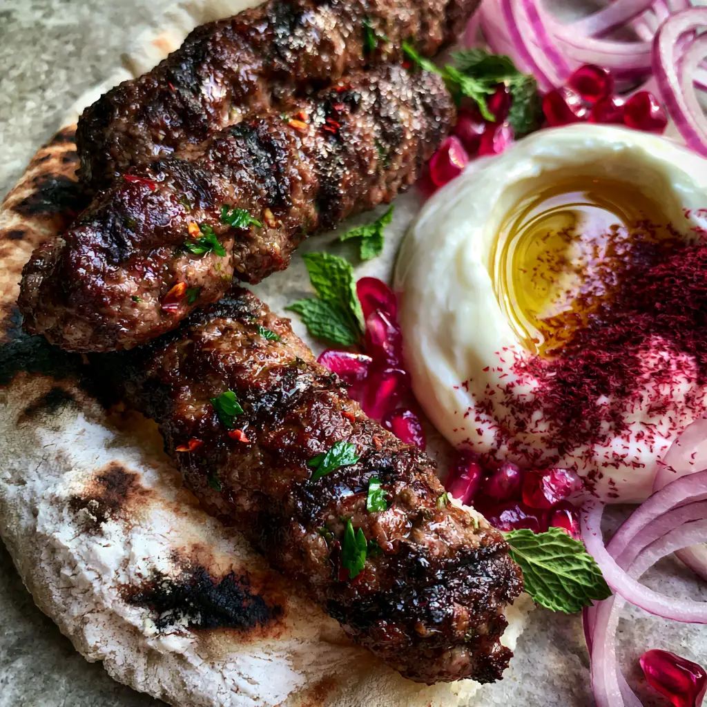 Moroccan Kefta Kebab: The Ultimate Juicy Grilled Skewers 1 Close up of Moroccan Kefta Kebab meat showing flecks of parsley and chili with a side of yogurt and sumac.