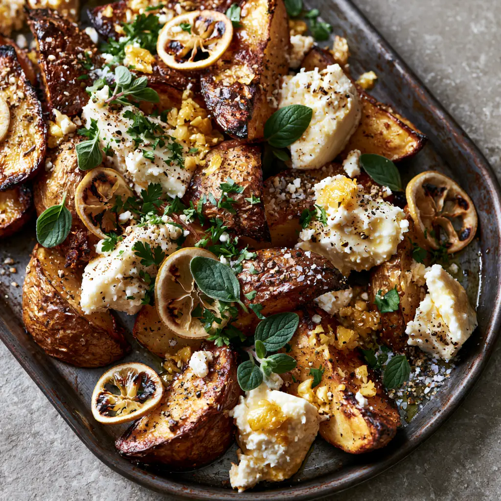 Smartphone photo of Greek feta roast potatoes on a stone surface with soft morning light.