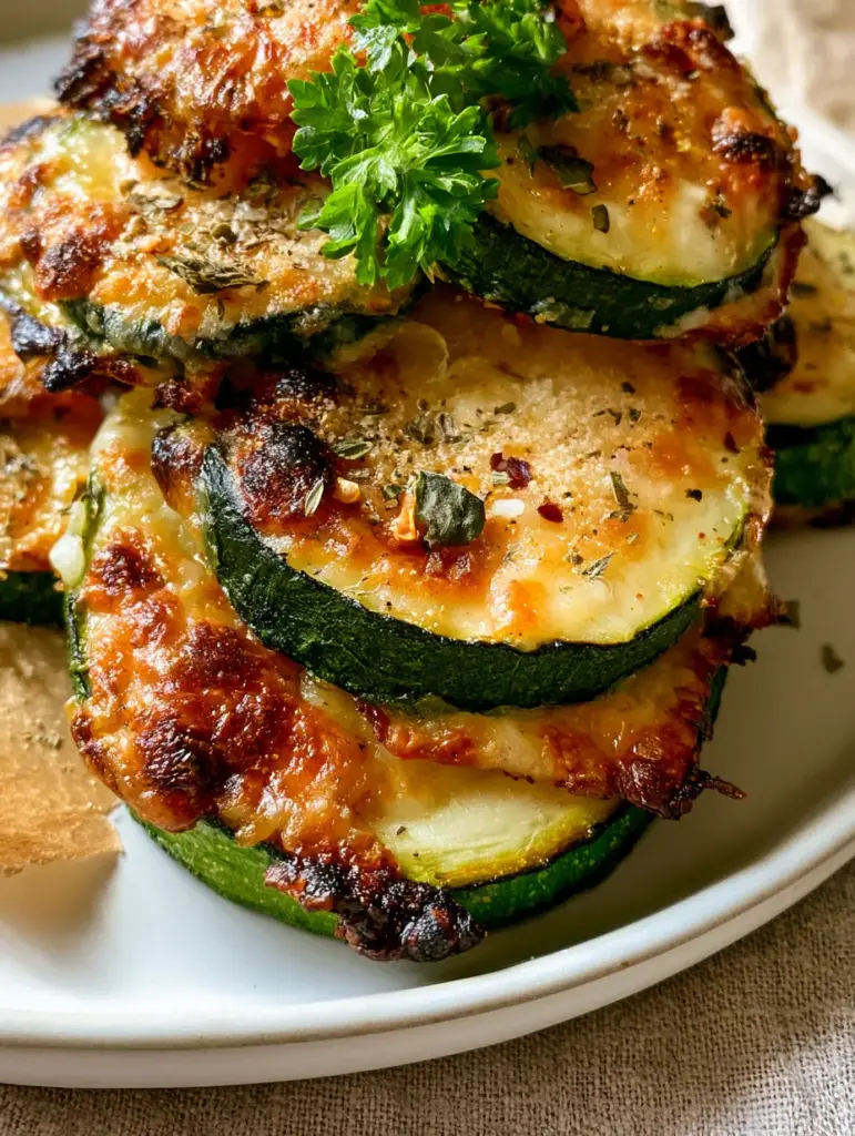 Thick-cut Baked Zucchini and Cheese disks with a golden-brown crispy exterior and juicy green center.