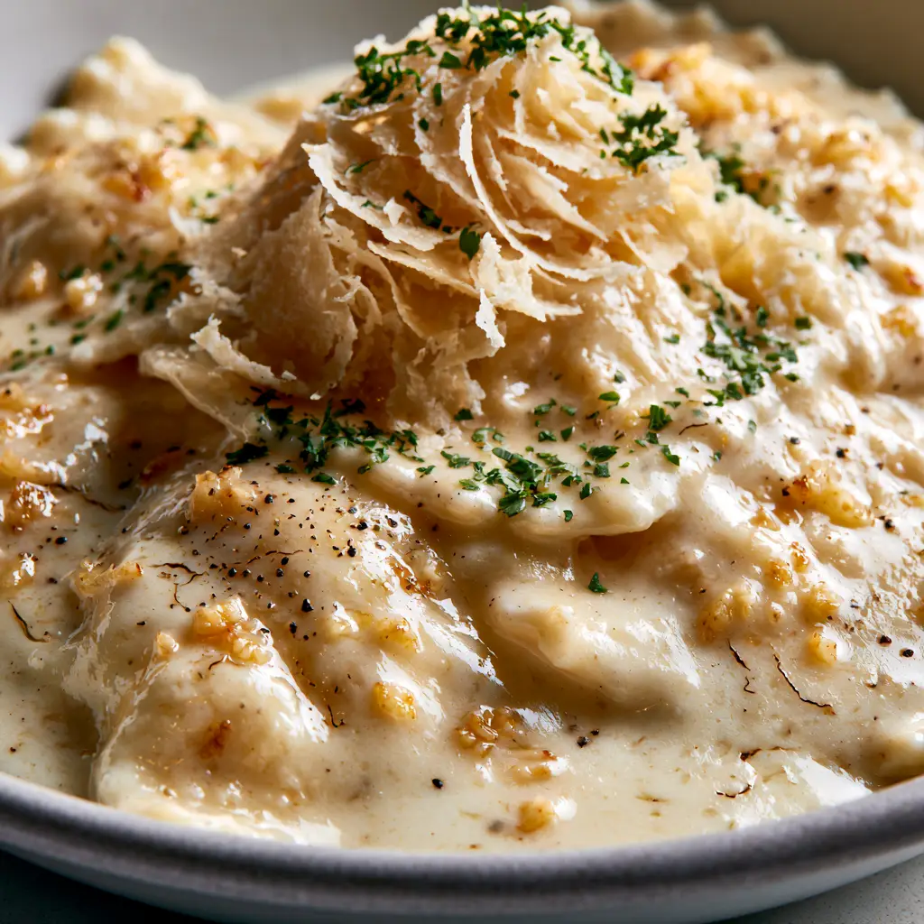 Ravioli Sauce: The Ultimate 10-Minute Garlic Parmesan Cream Recipe 1 Macro shot of micro-planed aged parmesan shards on top of a rich garlic cream ravioli sauce.