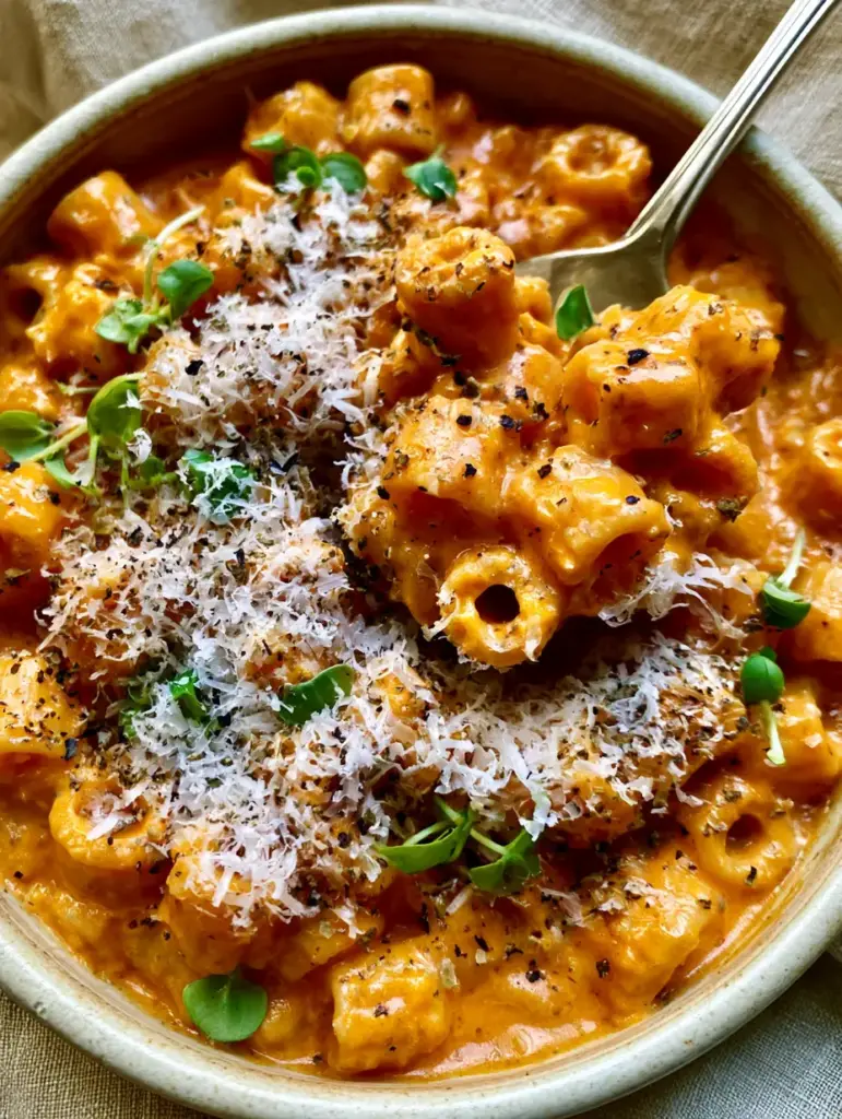 A silver spoon scooping creamy ditalini pasta to reveal a subtle cheese pull and fluffy parmesan dusting.