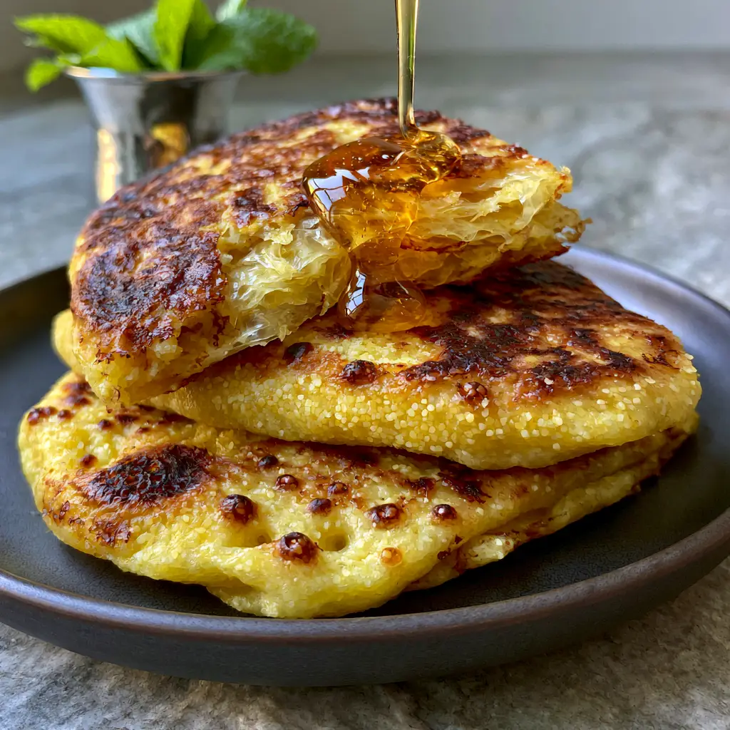 Close up of Moroccan Msemen flatbread with bronze toasted spots and a side of Moroccan mint tea.