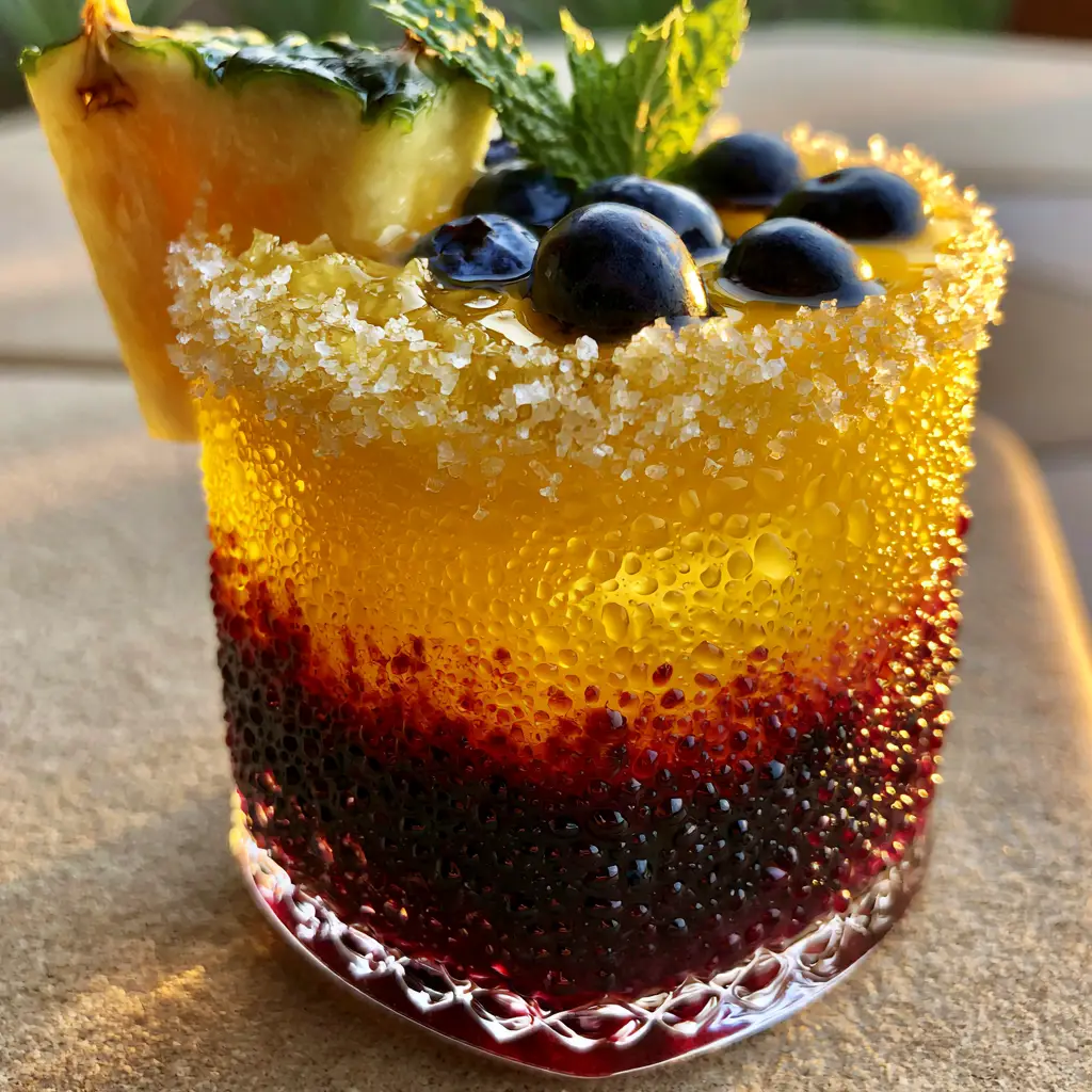 Top view of a Pineapple Blueberry Margarita with whole blueberries floating and a fresh mint sprig garnish.