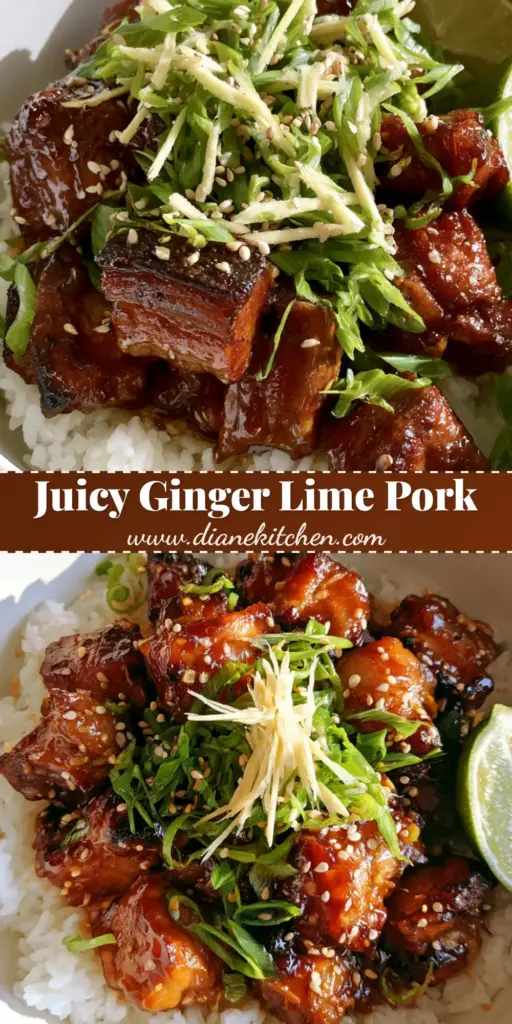 A minimalist white ceramic bowl filled with fluffy white rice topped with seared caramelized Ginger Lime Pork, julienned ginger, scallions, and a lime wedge.