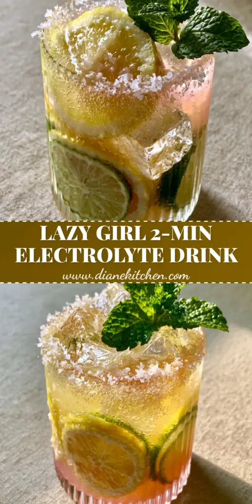 A refreshing DIY electrolyte drink in a modern ribbed glass with crystal-clear ice and citrus wheels. (hydrating drink recipes)