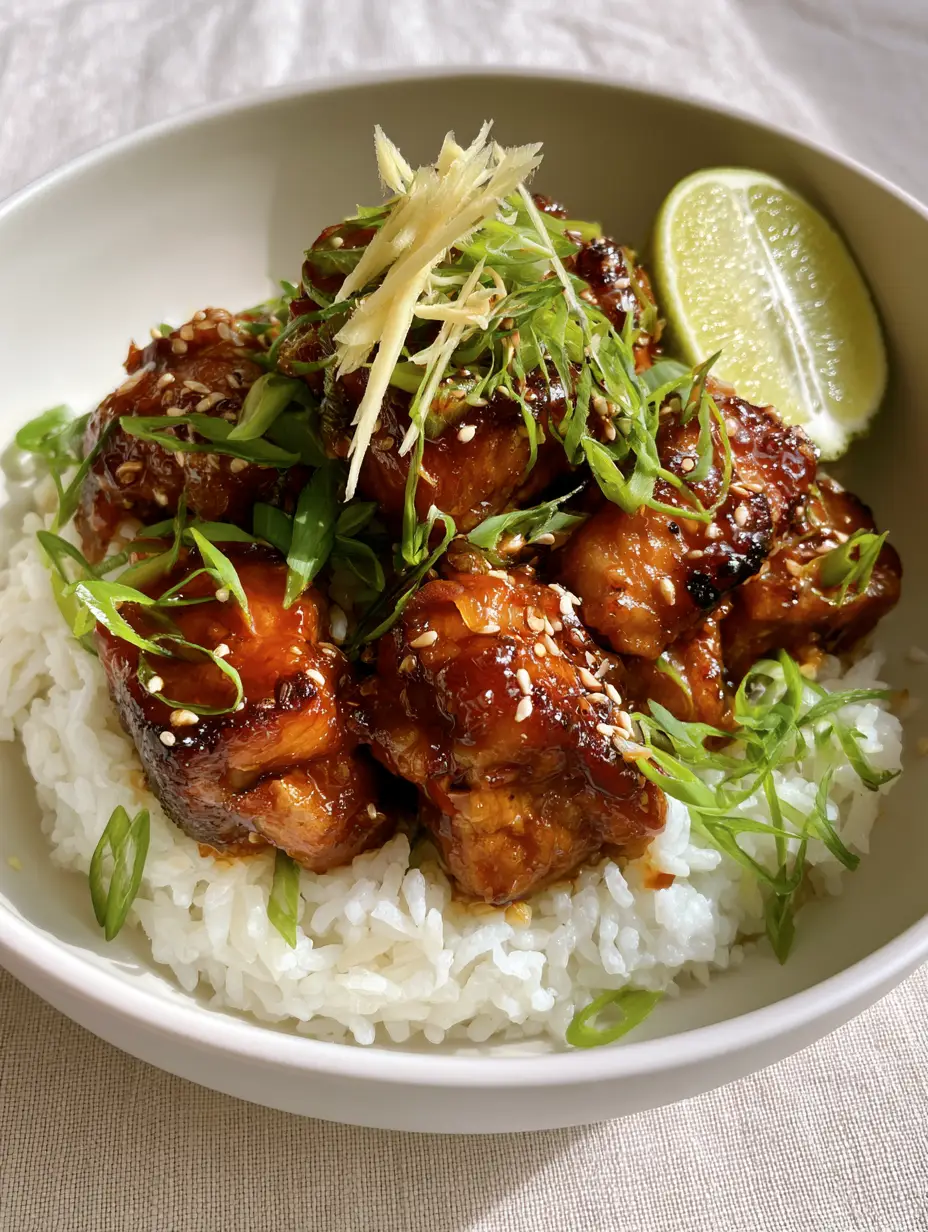 A close-up handheld photo of Ginger Lime Pork showing the thick glossy amber glaze and crispy pork edges over steamed rice.
