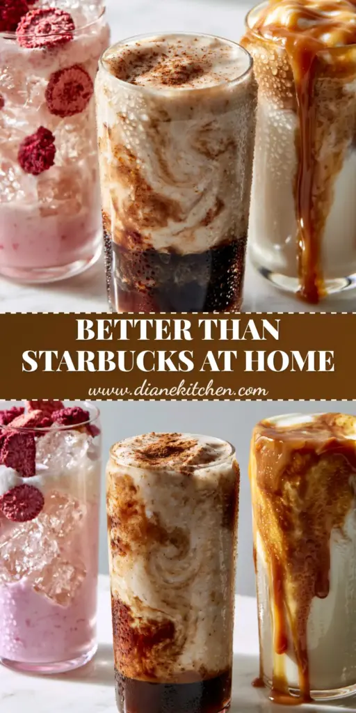 A vertical trio of Starbucks copycat drink recipes including a Pink Drink, Iced Shaken Espresso, and Caramel Macchiato in ribbed glasses.