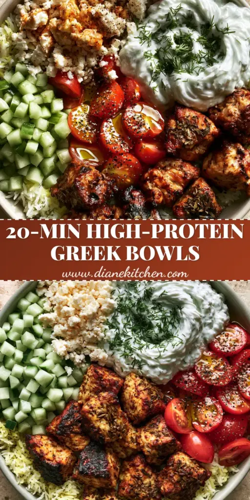 Greek chicken souvlaki bowls with Lemon-Herb Rice and Creamy Tzatziki 4 A vibrant Greek chicken souvlaki bowl with charred chicken, lemon rice, and thick tzatziki dollop.