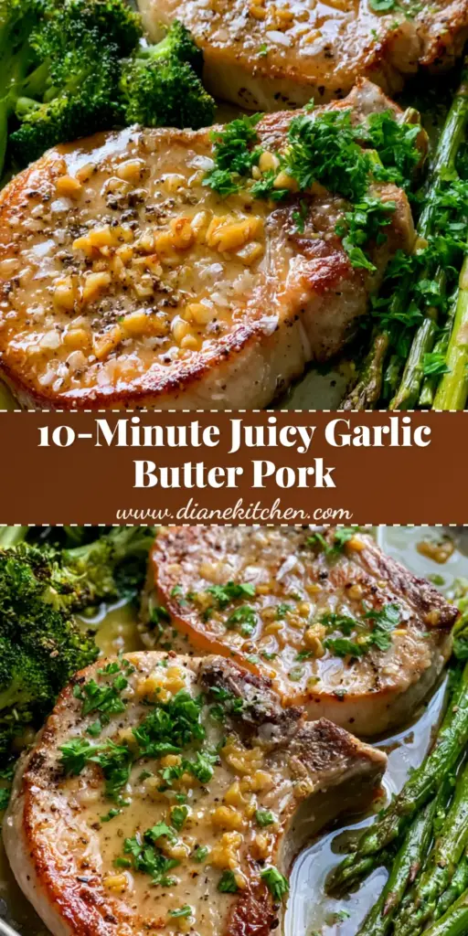 Pork Recipes: The Ultimate Garlic Butter Sheet Pan Pork Chops 3 A smartphone photo of sheet pan pork recipes featuring thick seared chops in glossy garlic butter with charred broccoli and asparagus.