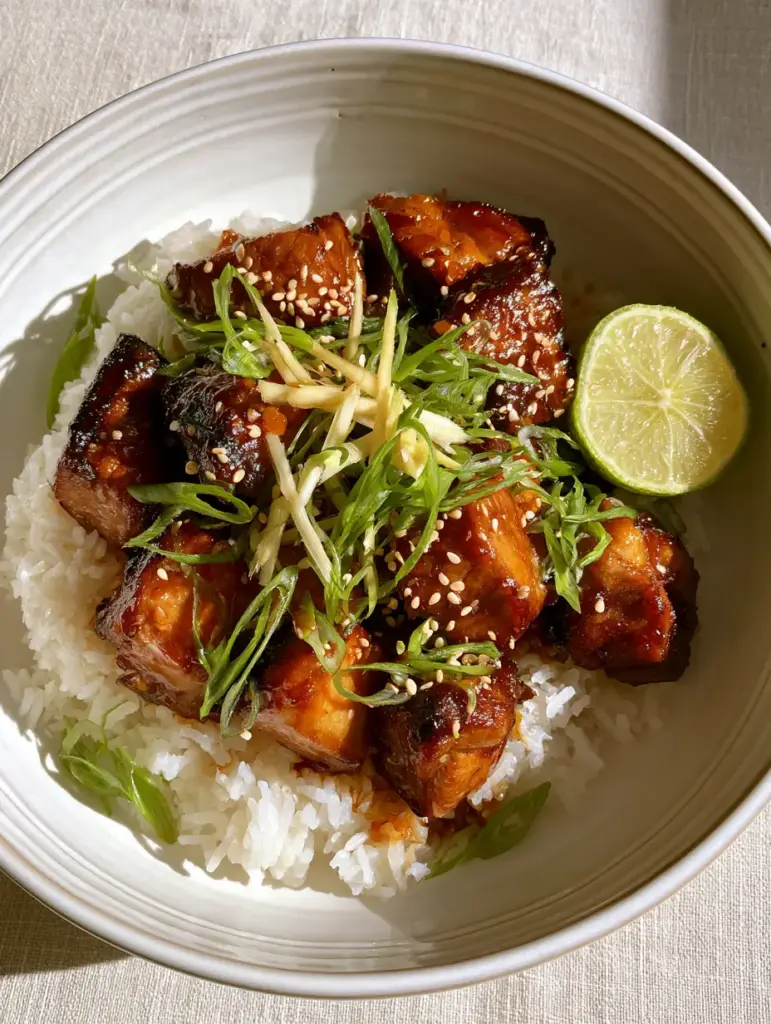Modern minimalist ceramic bowl showcasing premium Asian pork dinner with fresh julienned ginger and scallions.