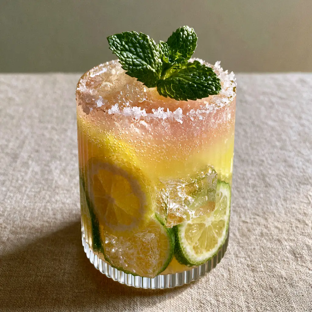 Top view of a hydrating electrolyte drink garnished with mint and sea salt.