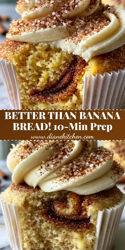A tall Banana Snickerdoodle Cupcake with whipped cream cheese frosting and cinnamon dusting on a marble background.