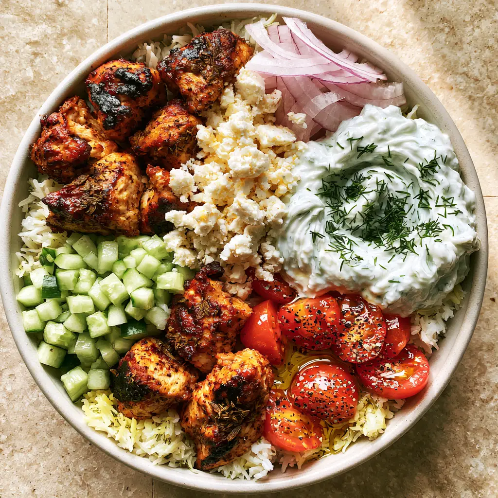 Greek chicken souvlaki bowls with Lemon-Herb Rice and Creamy Tzatziki 2 Top-down view of Greek chicken souvlaki bowls on a stone countertop showing organized sections of chicken and vegetables.