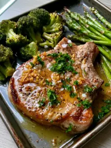 Close up of juicy seared pork chops with golden garlic bits and fresh parsley. (pork recipes)
