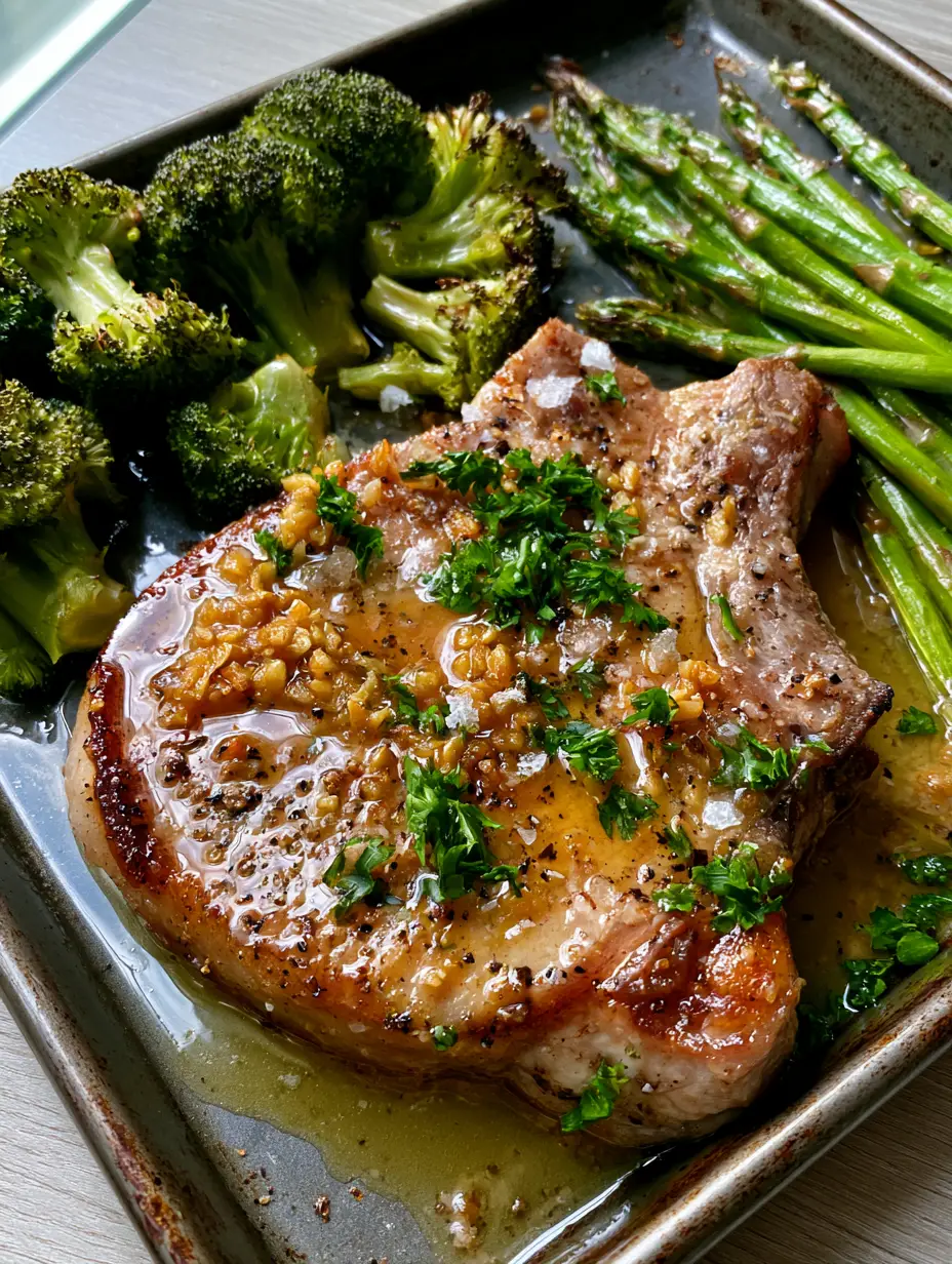 Pork Recipes: The Ultimate Garlic Butter Sheet Pan Pork Chops 4 Close up of juicy seared pork chops with golden garlic bits and fresh parsley. (pork recipes)