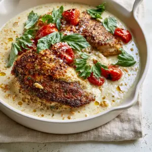 Close-up of golden-brown seared chicken in a thick ivory cream sauce. (Recipes by kamika)