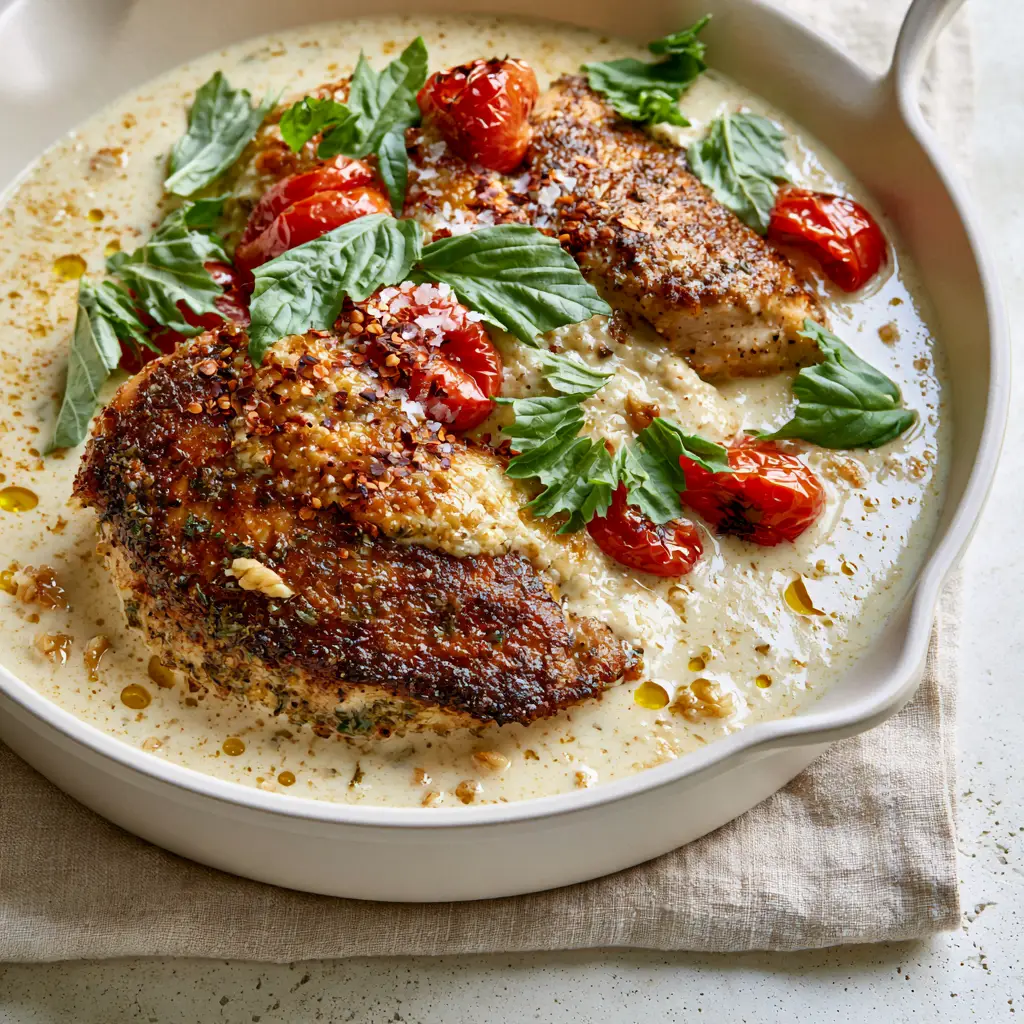 Recipes by kamika: The Ultimate Creamy Garlic Chicken with Blistered Tomatoes 2 Close-up of golden-brown seared chicken in a thick ivory cream sauce. (Recipes by kamika)
