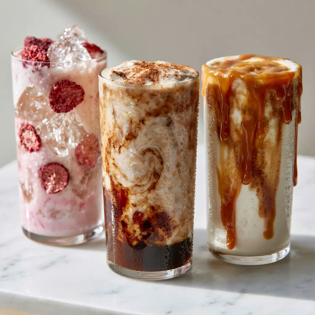 Aesthetic Caramel Macchiato with vanilla bean milk and thick golden caramel drizzle in a ribbed glass tumbler.