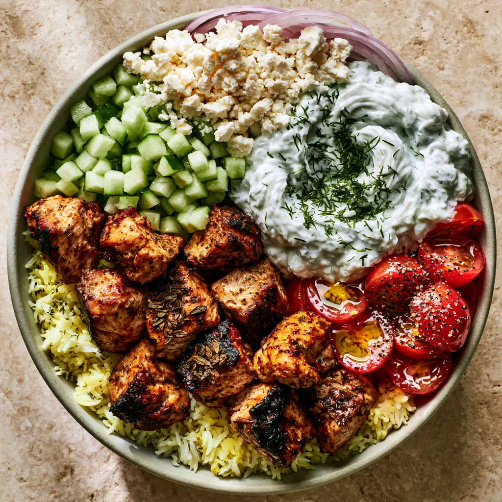 Greek chicken souvlaki bowls with Lemon-Herb Rice and Creamy Tzatziki 1 Close up of charred chicken and creamy tzatziki in a Greek souvlaki bowl.