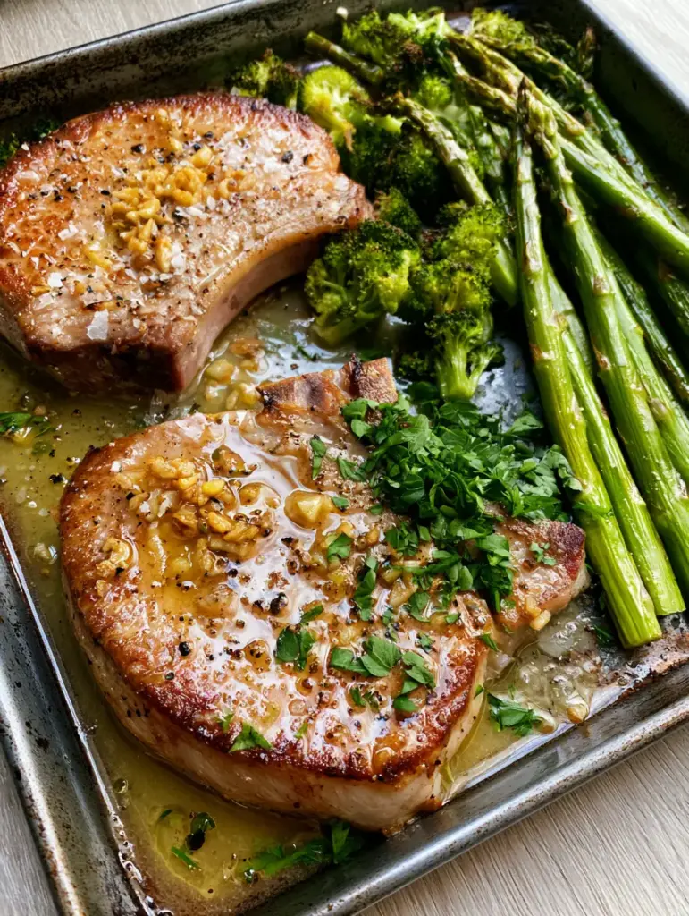 Pork Recipes: The Ultimate Garlic Butter Sheet Pan Pork Chops 1 Sheet pan dinner showing charred broccoli and asparagus next to glistening seared pork.