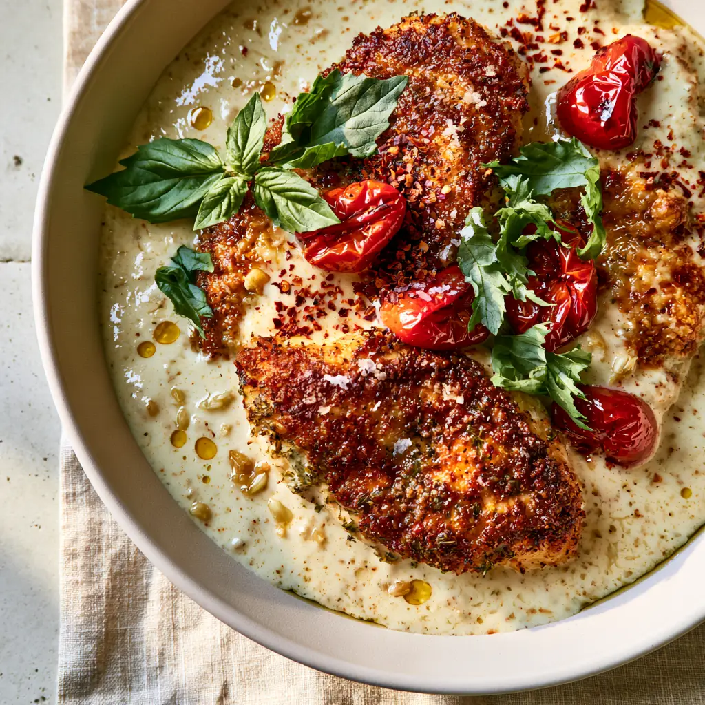 Recipes by kamika: The Ultimate Creamy Garlic Chicken with Blistered Tomatoes 1 Overhead shot of creamy garlic chicken garnished with blistered cherry tomatoes and basil.