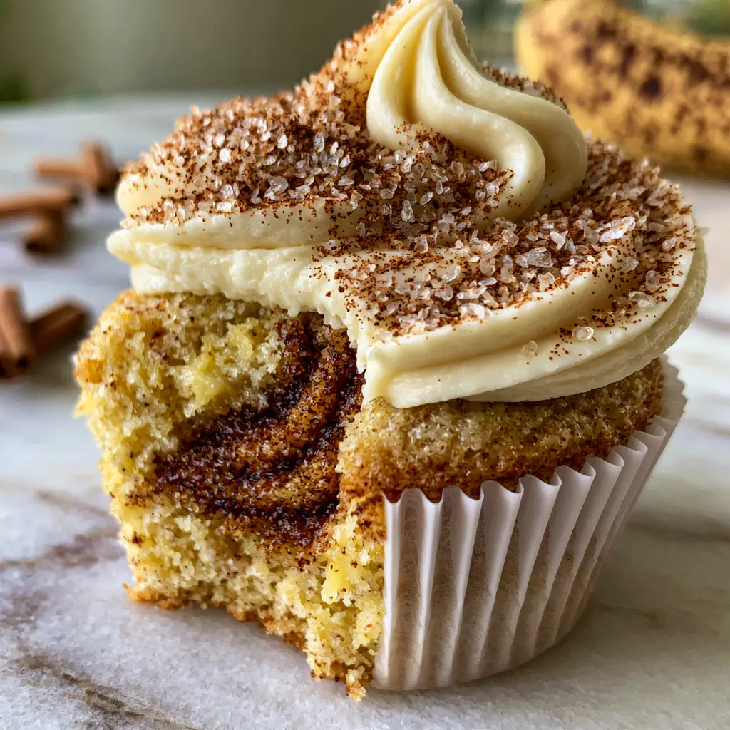 Close up of ivory cream cheese frosting dusted with turbinado sugar and cinnamon on a Banana Snickerdoodle Cupcake.