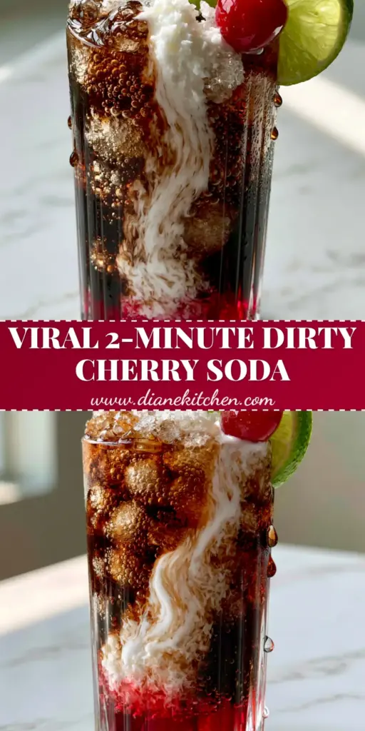 A tall ribbed glass filled with a Dirty Cherry Soda featuring nugget ice, a dark cola base, a ruby-red cherry syrup layer, and a thick white coconut cream swirl, topped with a lime wheel and maraschino cherry.