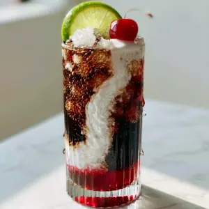 Lifestyle photo of a handheld dirty cherry soda in a ribbed glass with visible carbonation bubbles and condensation droplets.