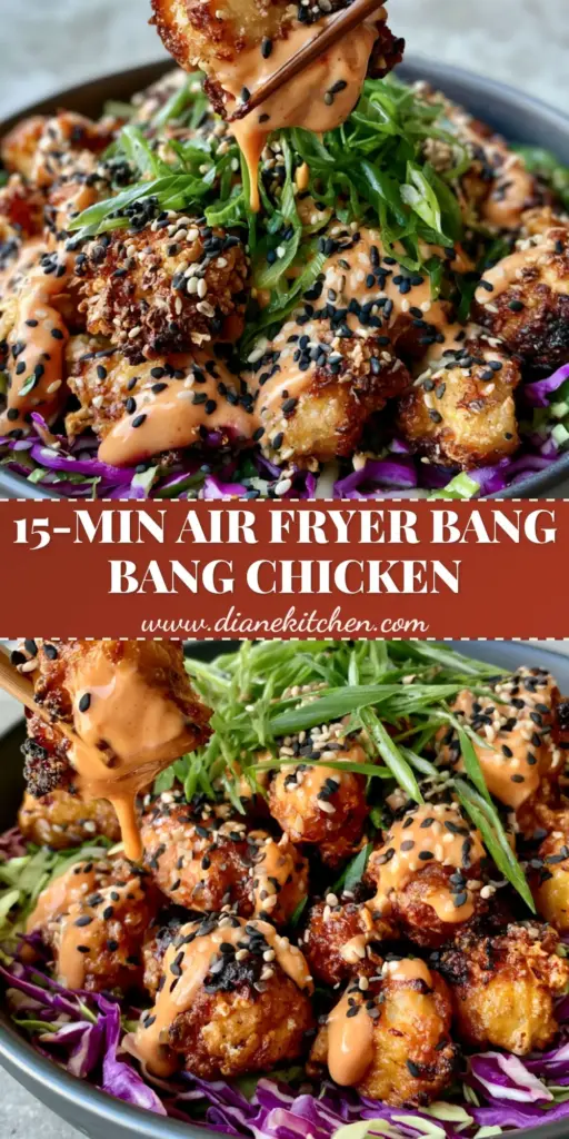 A tall Pinterest pin showing a close-up of Bang Bang Chicken in a dark bowl with a wooden chopstick lifting a piece, dripping with coral sauce.