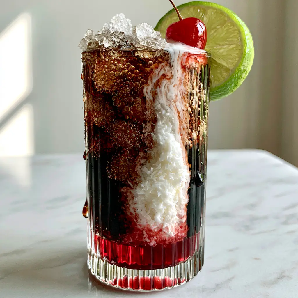 Close up of the coconut cream swirling into the dark soda layer of a dirty cherry soda.