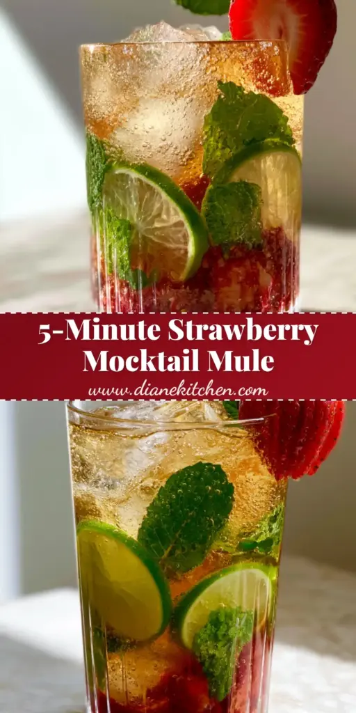 Strawberry Mocktail Mule: The Ultimate Refreshing Summer Sip 4 A Strawberry Mocktail Mule in a ribbed glass with muddled strawberries, ginger beer, lime wheels, and mint garnish on a marble counter.